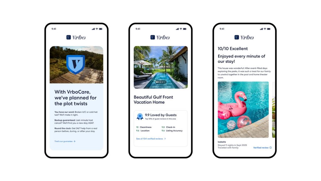 Mobile screenshots showing Vrbo's new features to combat travelers' number 1 complaint about the vacation rental industry