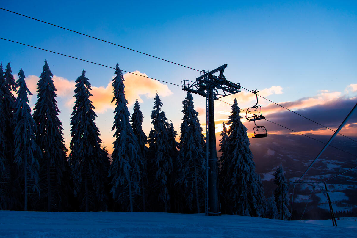 Ski lift among pine trees across darkening sky as winter sports travel boom, according to Expedia Group