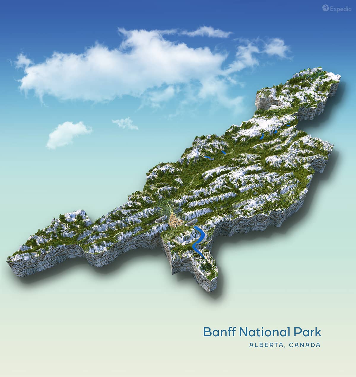 A creative topographic map rendering of Banff National Park, Alberta, Canada