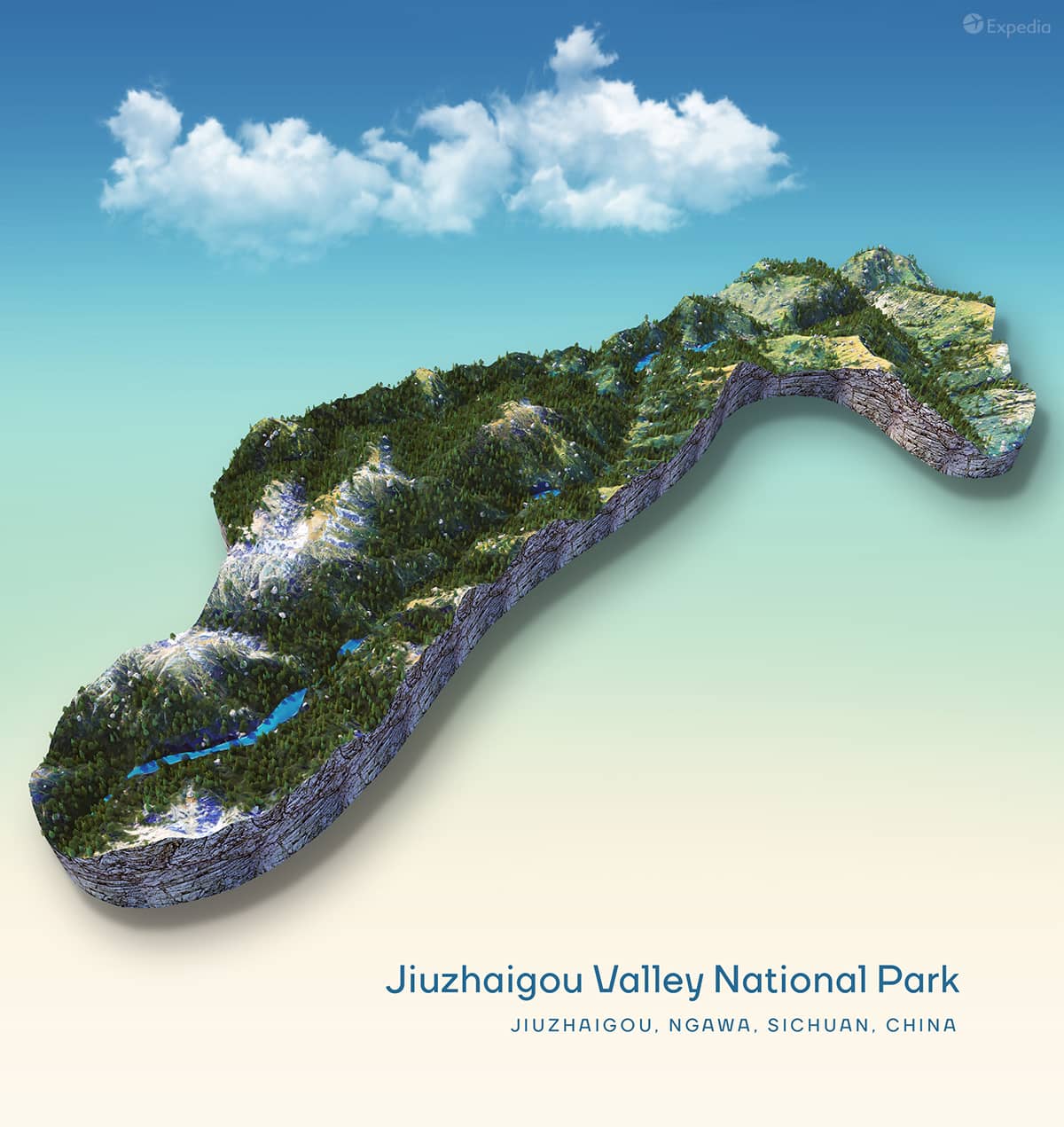 A creative topographic map rendering of Jiuzhaigou Valley National Park in China
