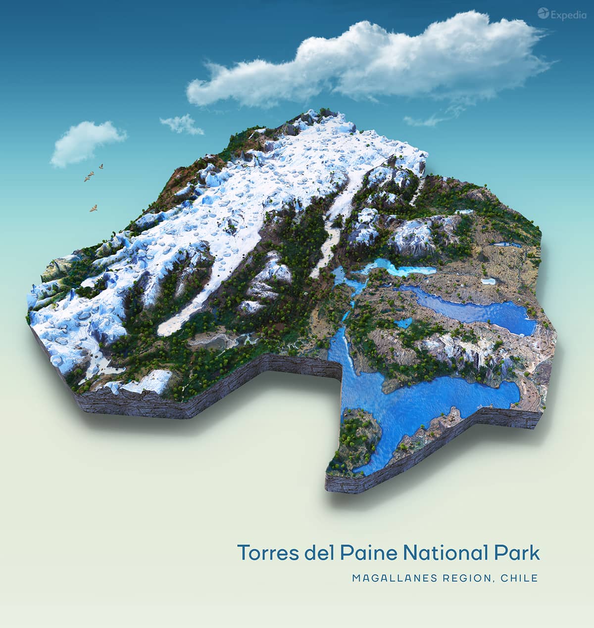 A creative topographic map rendering of Torres del Paine National Park in Chile