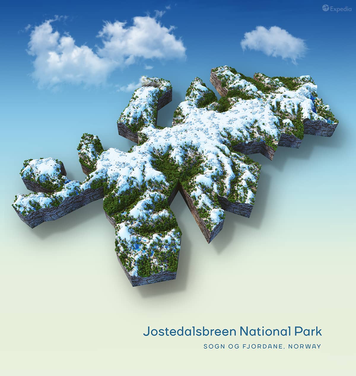 A creative topographic map rendering of Jostedalsbreen National Park in Norway