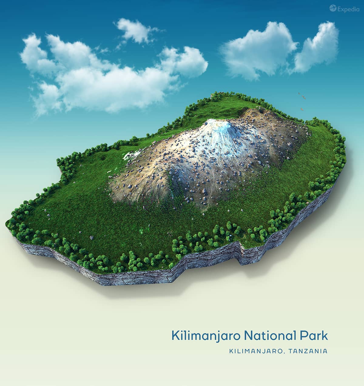 A creative topographic map rendering of Kilimanjaro National Park in Tanzania