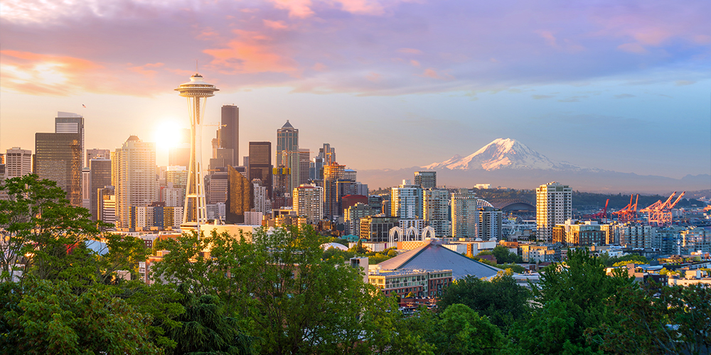 The Seattle skyline with views of the Space Needle and Mount Rainier