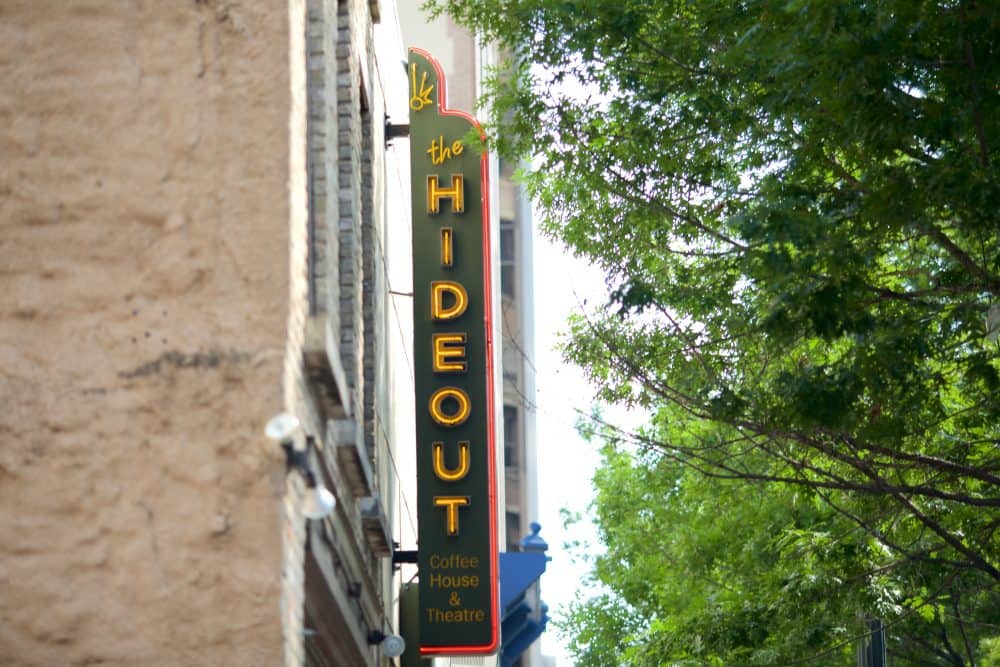 Closeup of The Hideout sign in Downtown Austin