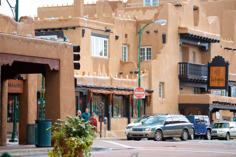 Closeup of buildings in Santa Fe Plaza