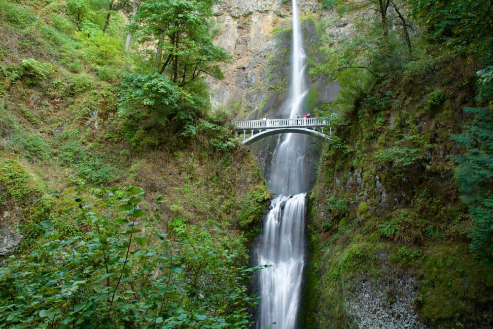 Distant view of people walking across Benson Bridge in front of Multnomah Falls