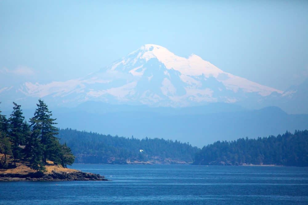 A snow-capped mountain peak looms over water and forest