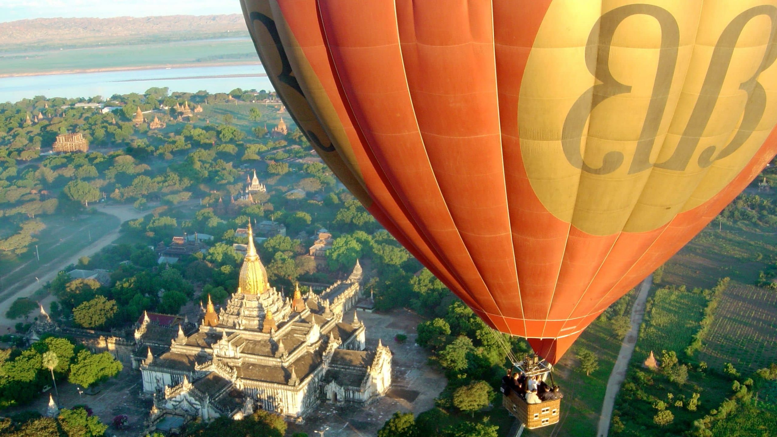 Hot air balloon floating over Bagan.