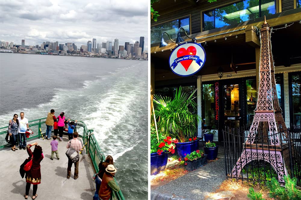 Split image with couples and other travelers on the upper deck of the Seattle-Bainbridge Ferry with the Seattle skyline in the background on the left; on the right, the geranium pots and model Eiffel Tower outside J'aime Les Crepes