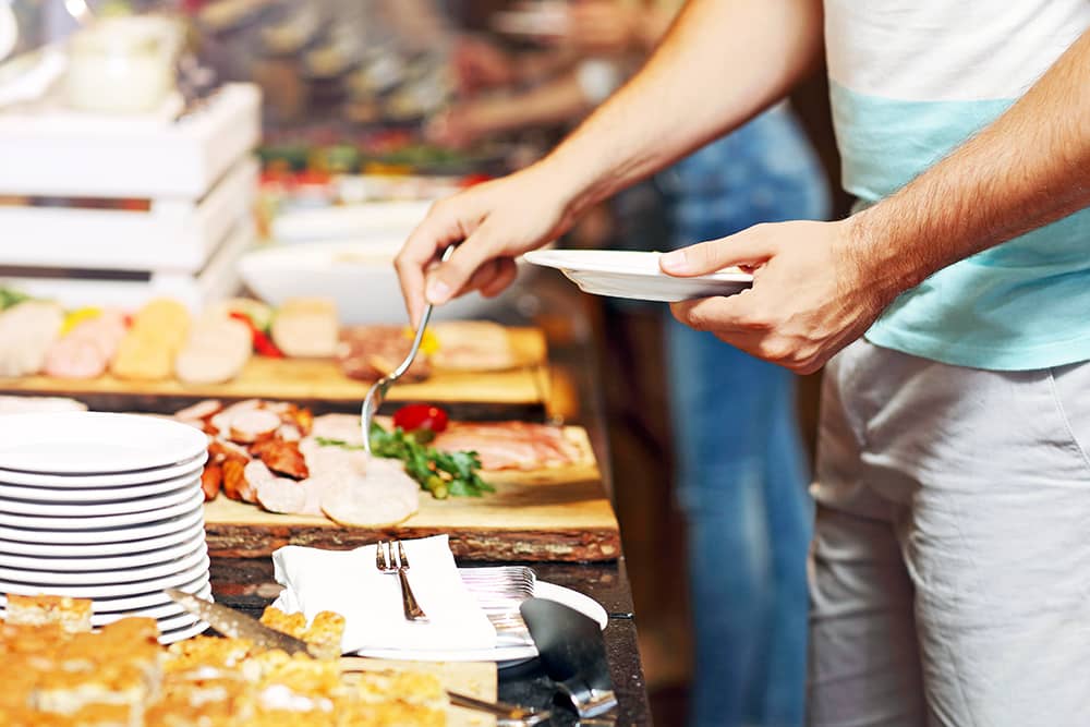 Breakfast buffet at a hotel, which is one way you can enjoy a cheap golf trip to Myrtle Beach. 