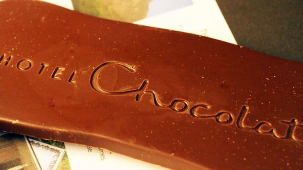 A chocolate bar stamped with Hotel Chocolat