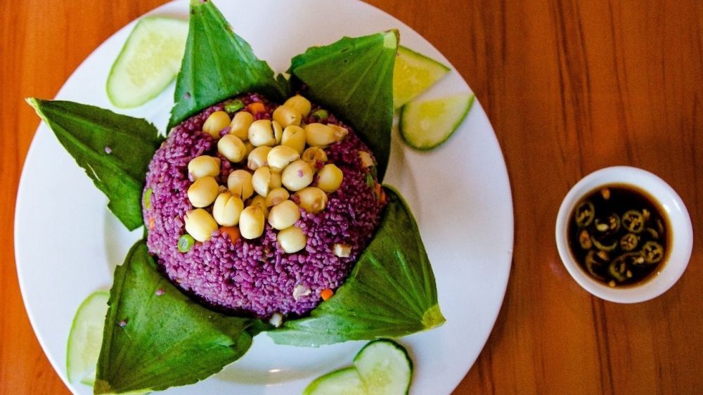 A vegan dish of purple rice in Ho Chi Minh City, Vietnam