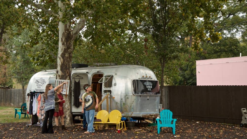 Group of people with an RV camping in Austin