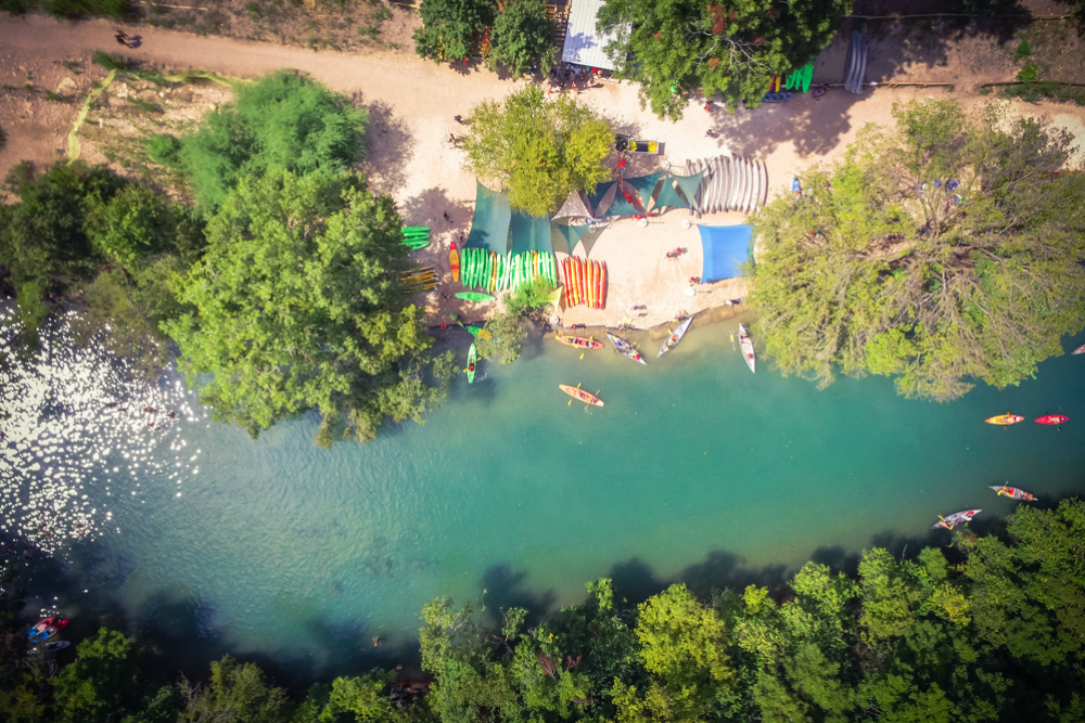 aerial view of kayaks along Barton Creek