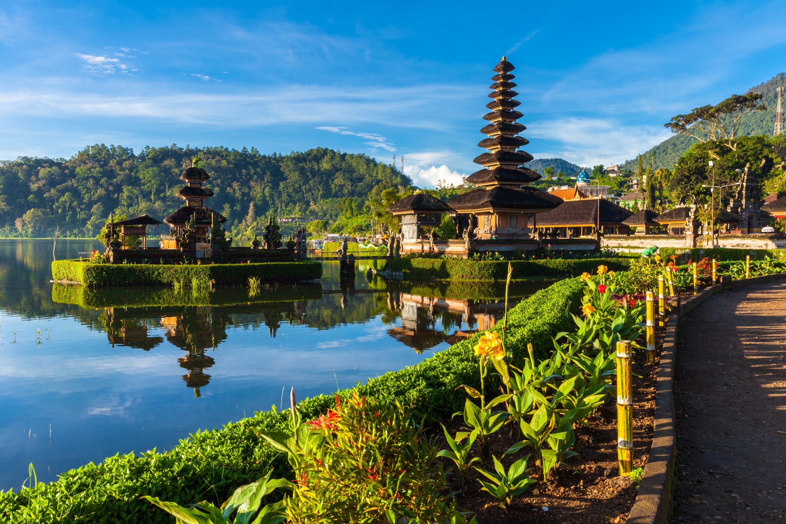 Pura Ulun Danu Bratan at sunrise, famous temple on the lake, Bedugul, Bali, Indonesia.