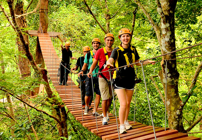 Group walking across a bridge in a Thailand jungle canopy