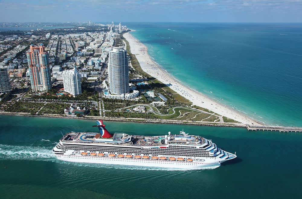 Aerial photo of Carnival Glory sailing from the Port of Miami Carnival Glory sails to the Bahamas from the Port of Miami