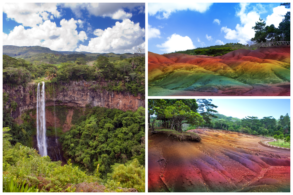 Naturally occurring rainbow-like streaks across the ground in Chamarel, Mauritius. 