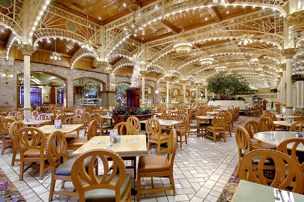 The retro victorian decor inside the Garden Court Buffet with lots of table where customers can eat their cheap buffet meals inside the Main Street Station Hotel and Casino in Las Vegas