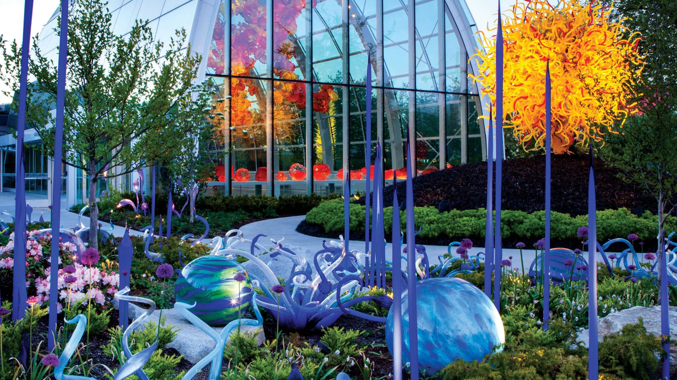 Blown glass decorating the outdoor garden in Chihuly Garden and Glass in Seattle