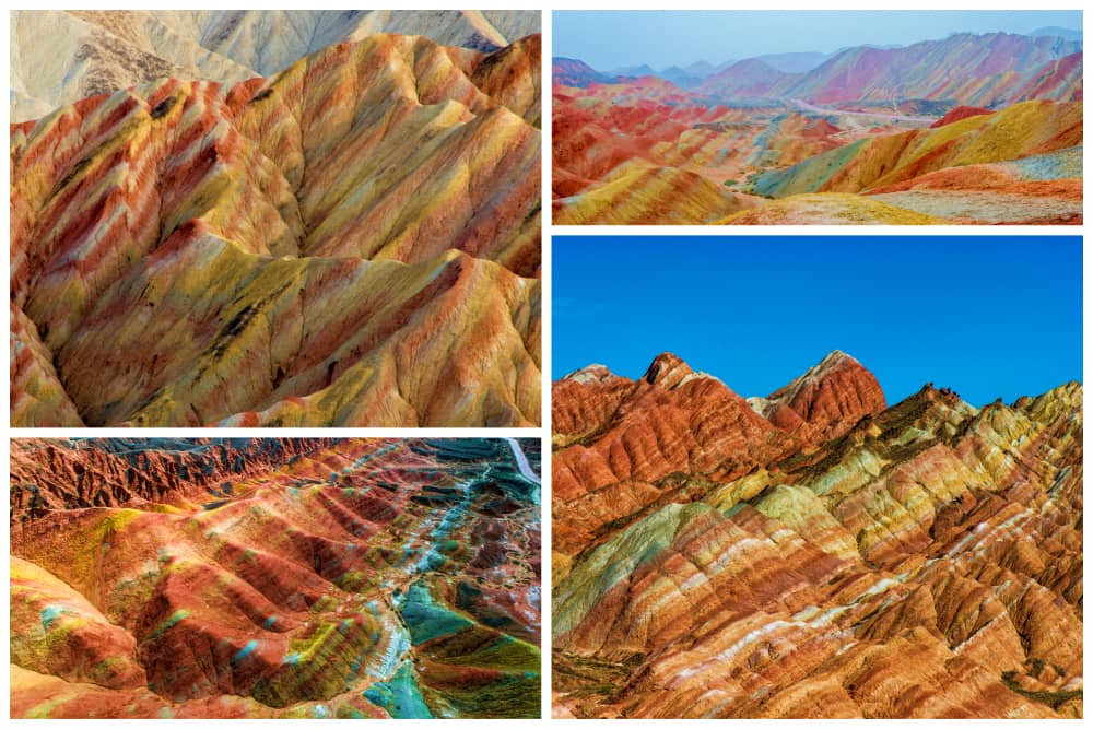 Colorful rock formations streaked with reds, blues, greens, and yellows in Zhangye Danxia, China.