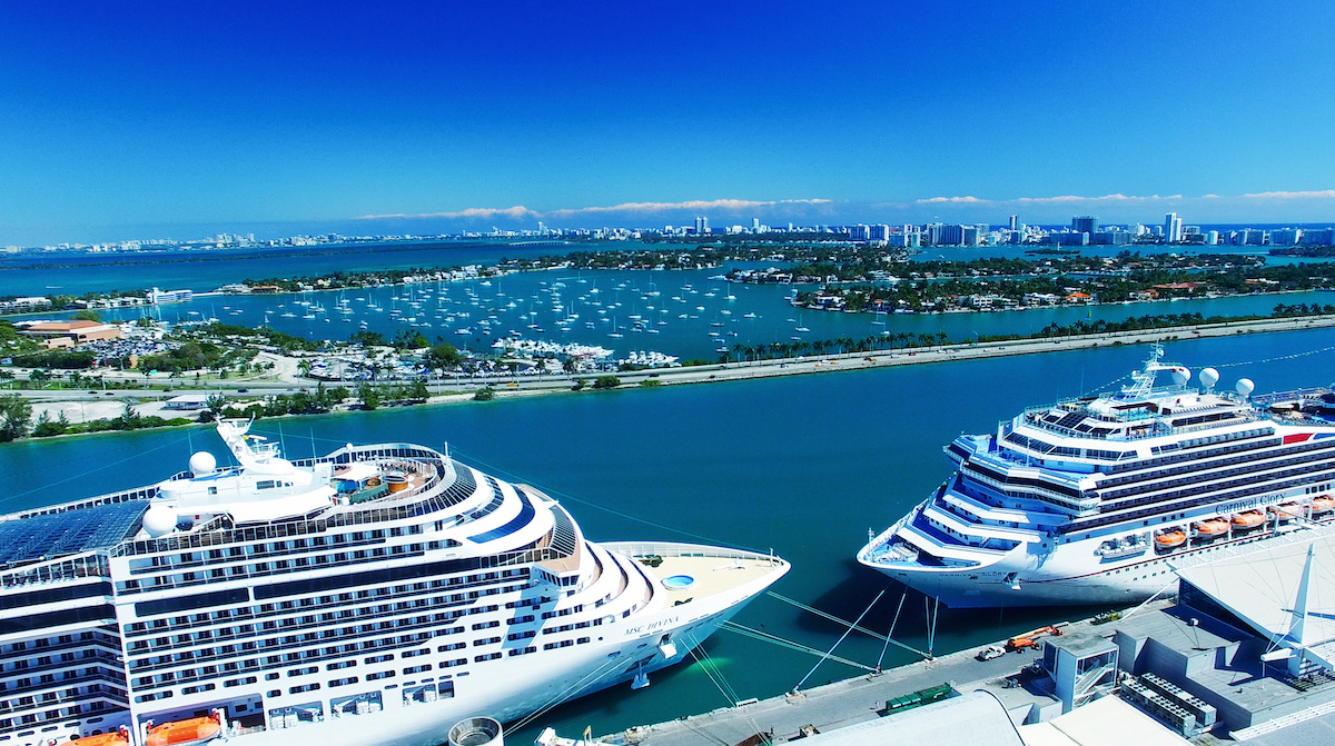 Aerial view of cruise ships docked at PortMiami