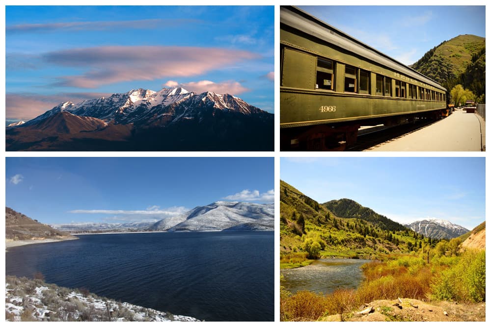 Beautiful scenery of Mount Timpanogos, Deer Creek Dam, and the Heber Valley Railroad around Heber City, Utah. 