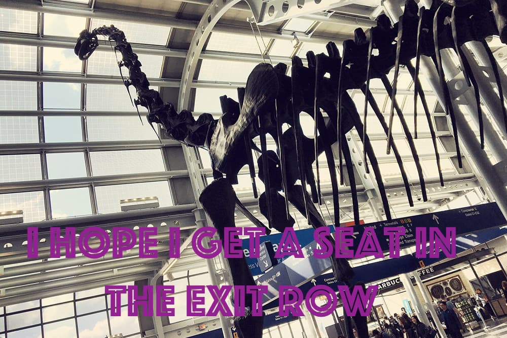 Brachiosaurus skeleton standing in the terminal at Chicago O’Hare International Airport, shot from the floor level, looking up