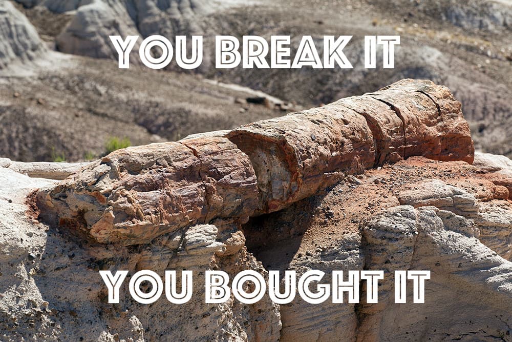 A petrified red-rock log sits atop some boulders. It's crumbly and text on the image reads, "You break it, you bought it."