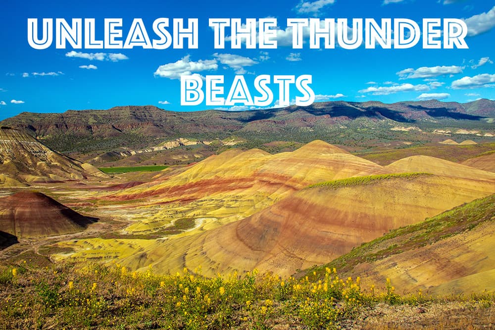 Landscape with the Painted Hills striped with red and tan rock, and yellow wildflowers, with a blue sky and scattered clouds in the background