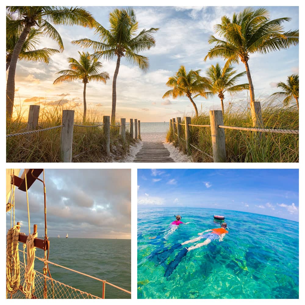 A sunset, snorkelers, and the view from a sail boat in Key West, Florida.