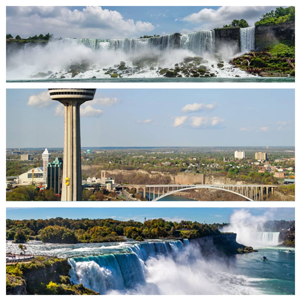 Views of the rushing water of Niagara Falls and the Skylon Tower in New York and Canada.