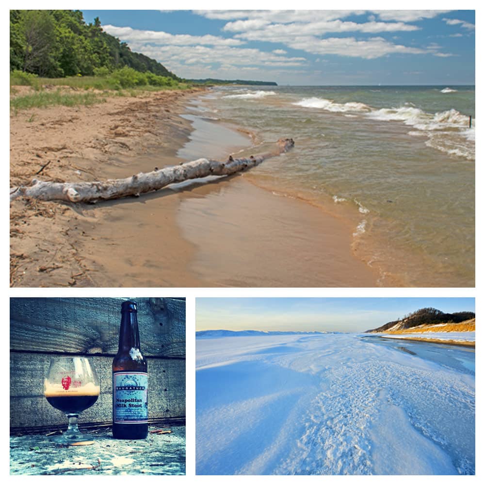 Views of the coastline during winter and summer, along with a pour of a local beer in Saugatuck, Michigan.
