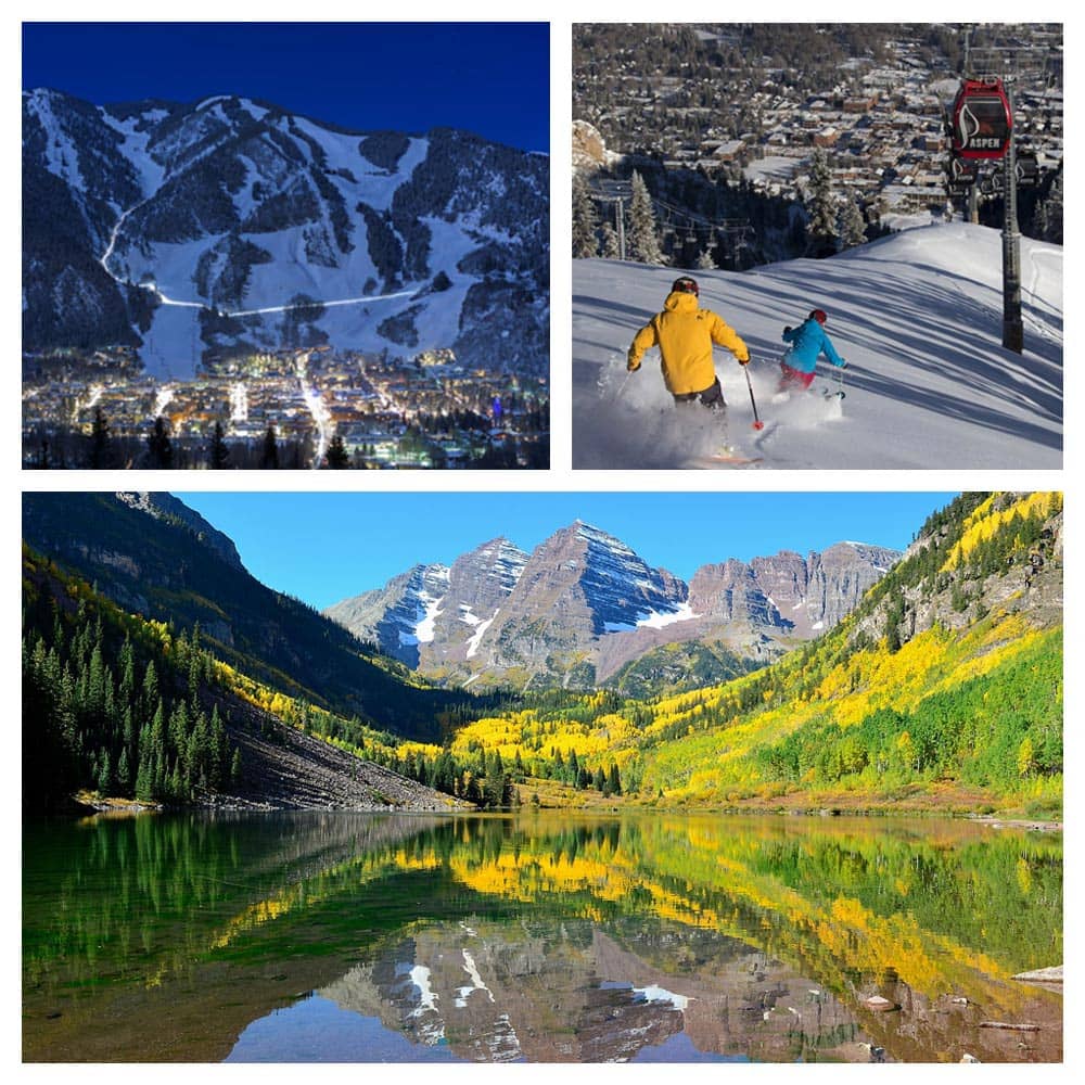 Stunning views of Maroon Bells and the slopes at Aspen Mountain with two skiers in Aspen, Colorado.