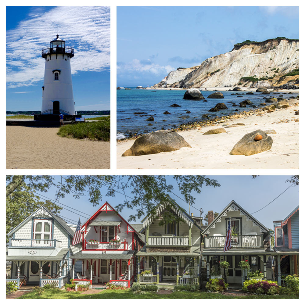 Martha’s Vineyard on a clear day, from the rocky coastline and lighthouse to the charming rows of homes that look like dollhouses.