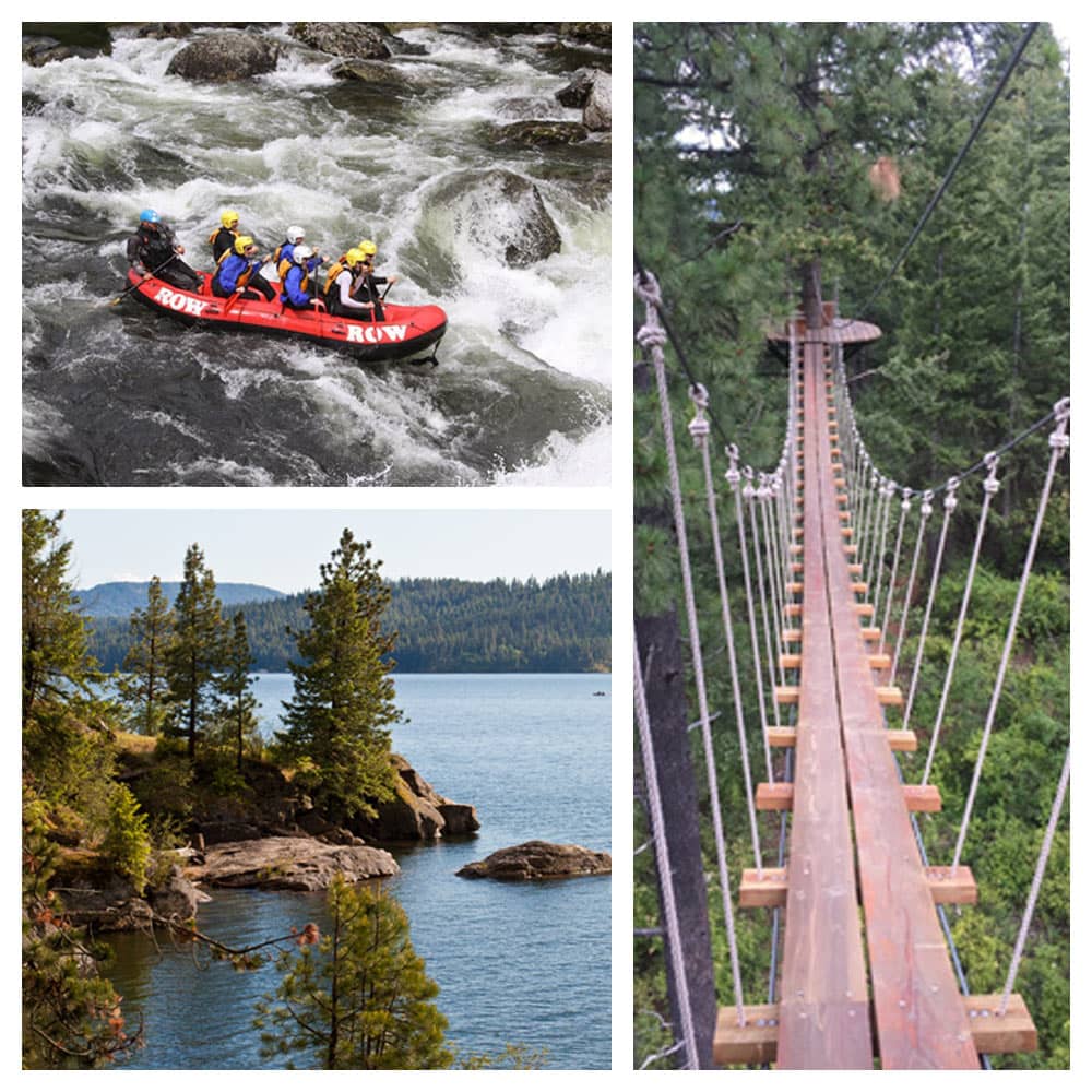 Some of the many adventures to be had in Coeur d’Alene, Idaho, including an adventure course and white water rafting.