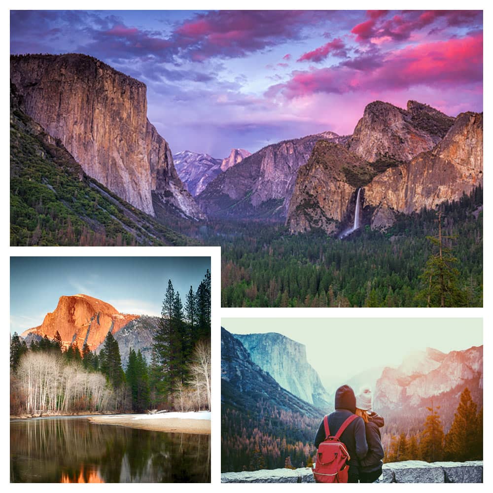 Amazing views of the mountains in Yosemite, including a couple looking at the rugged landscape.