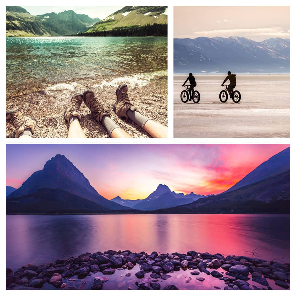 Two couples hiking and riding bikes in the great outdoors of Kalispell, Montana.