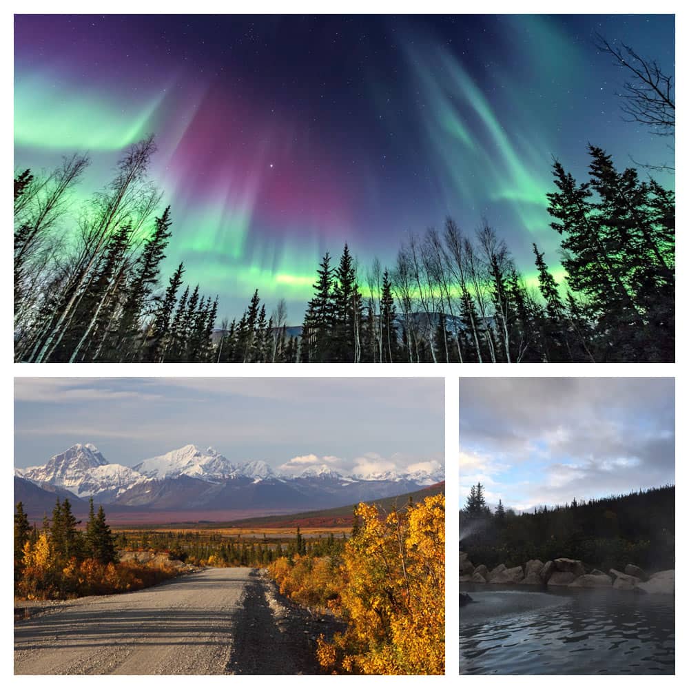 Views of the northern lights, the mountain range along the Denali Highway, and the hot springs in Fairbanks, Alaska.