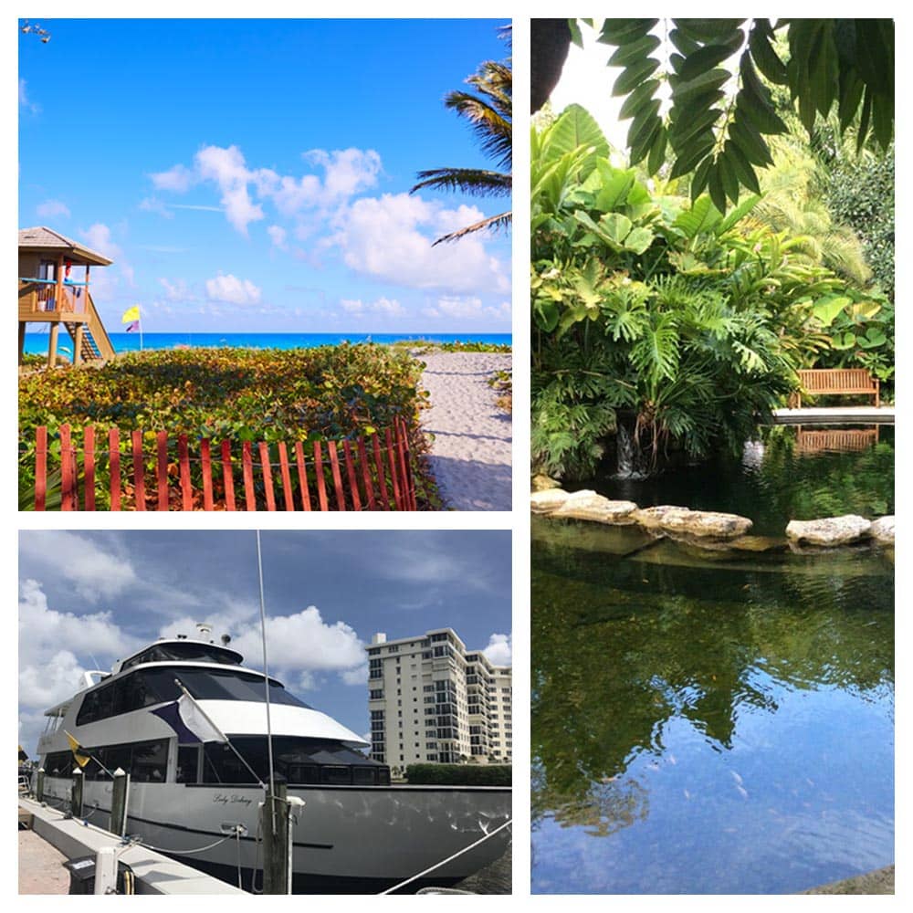 Views of the coastline, a yacht, and the backyard of a restaurant in Delray Beach, Florida.