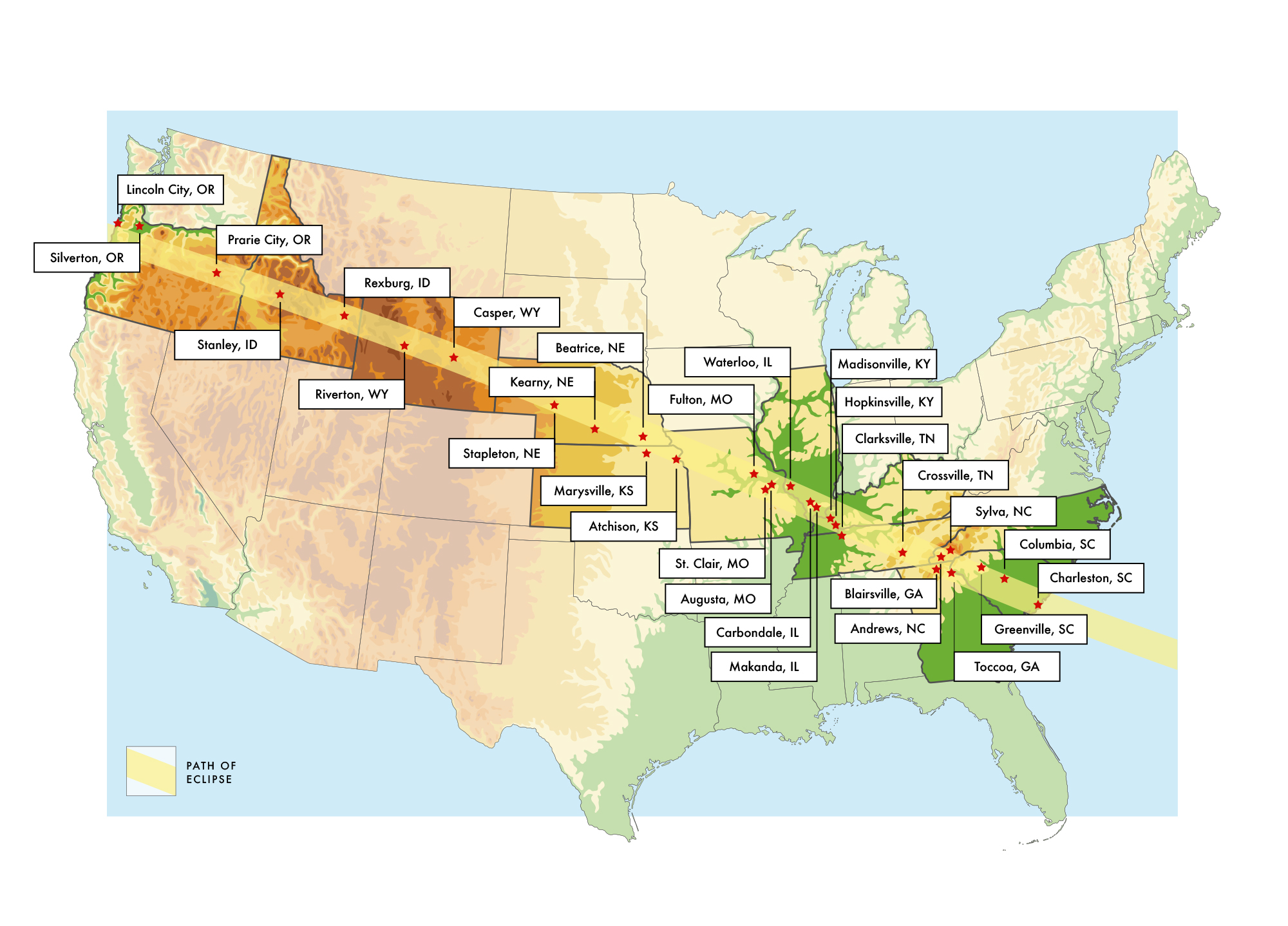 map of the total solar eclipse across the US