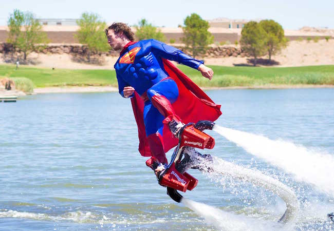 Man in Superman costume on flyboard in Las Vegas