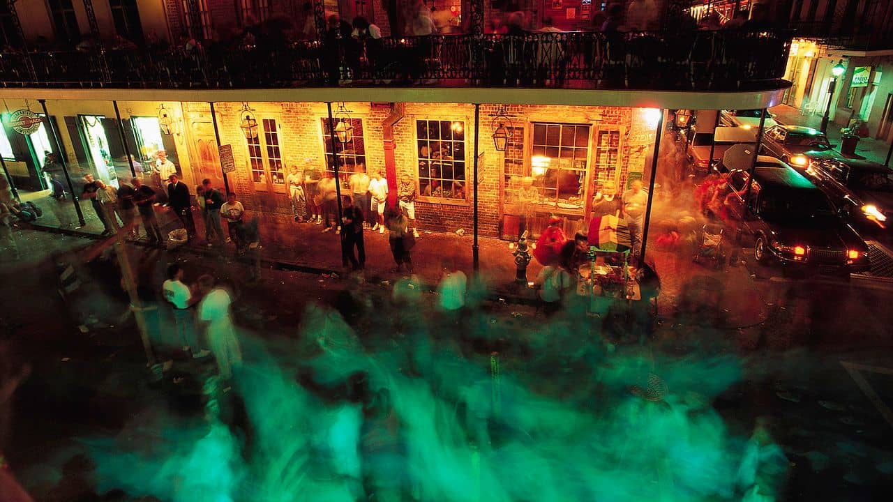 French Quarter streets filled with spooky green fog at night on a Ghost Tour in New Orleans with Kids