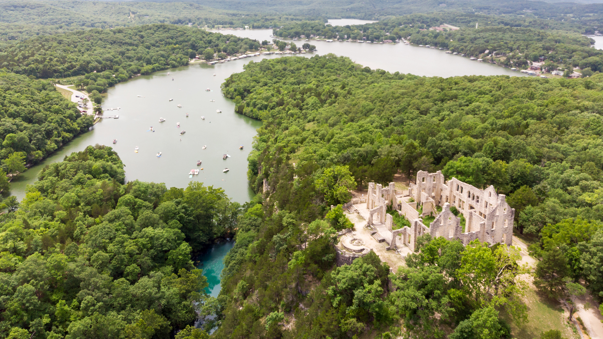 Ha Ha Tonka Castle ruins on a bluff overlooking the Lake of the Ozarks in Missouri