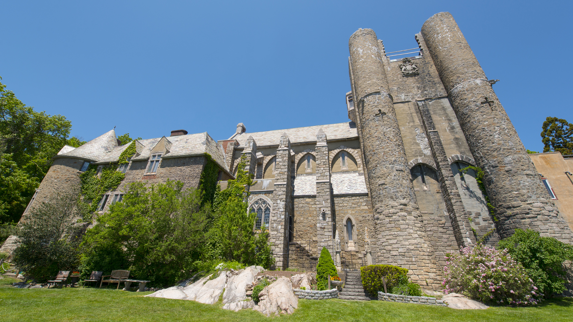 Stone towers of one of the most interesting museums and castles in the US at Hammond Castle in Gloucester, Massachusetts