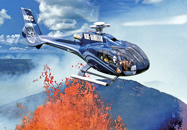 Helicopter flies over active volcano on Big Island from Honolulu