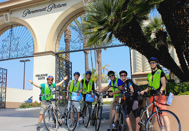 Group stopping in front of Paramount Studios gates in Los Angeles