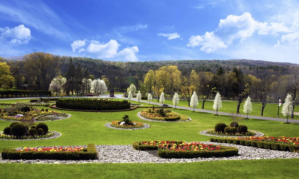 The beautiful outdoor gardens at Honor's Haven Yoga Retreat in New York