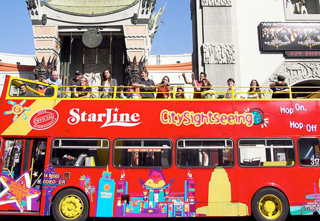 Double decker tour bus with tourist in Los Angeles